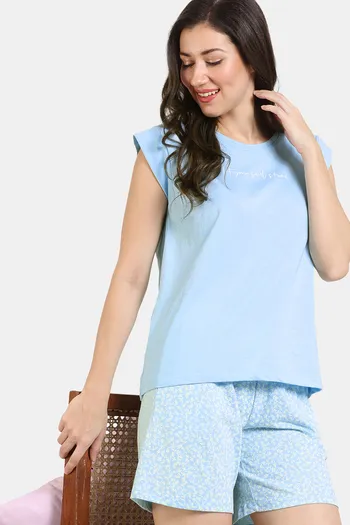 Buy Zivame Summer Thyme Knit Cotton Shorts Set - Starlight Blue